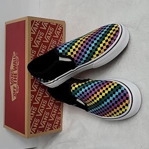 NWT Vans Asher Unisex Slip-On Shoes - Black/Rainbow Mini Check